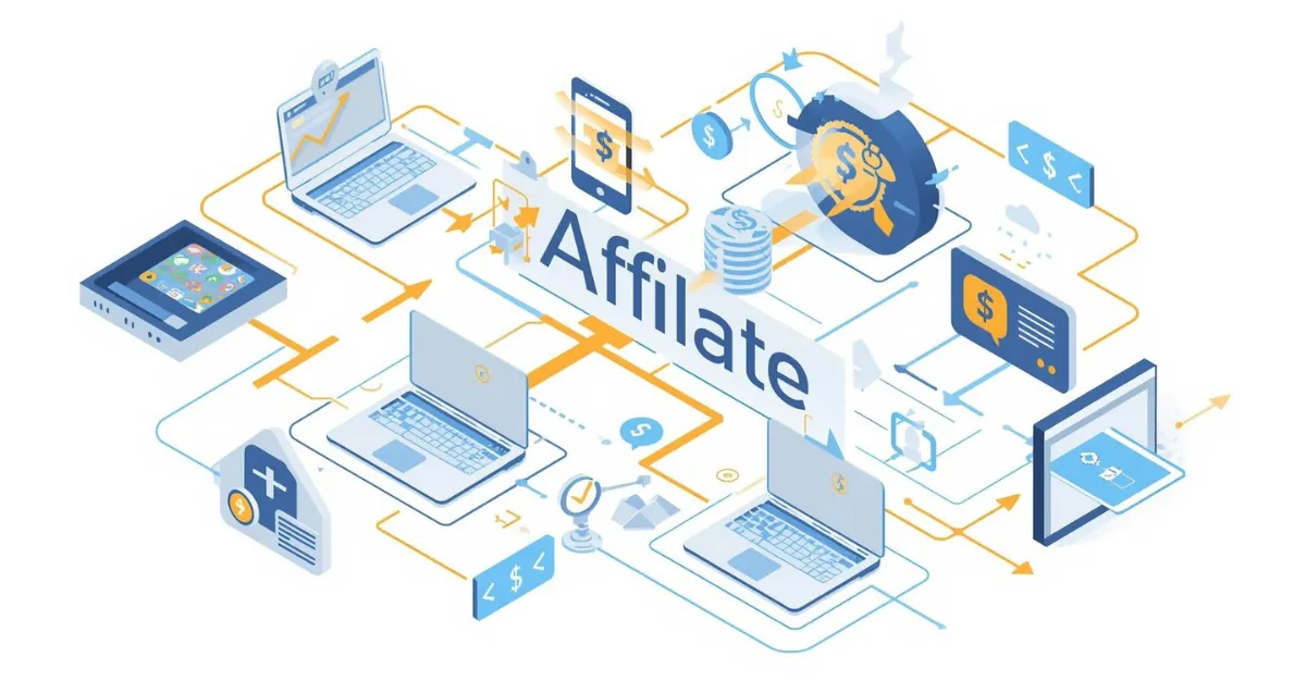 Affiliate Marketing System einfach erklärt Grafik zeigt das Konzept eines Affiliate Marketing Systems mit Provisionen und Traffic