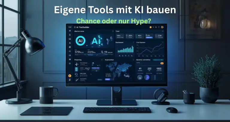 KI Tool Builder Beitragsbild mit KI-Dashboard und digitalem Tool-Builder