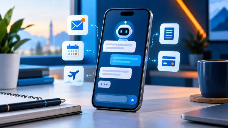 Smartphone mit KI-Agent-Chat und Symbolen für E-Mail, Kalender, Reiseplanung und Zahlungen als Beitragsbild zu Meta Muse